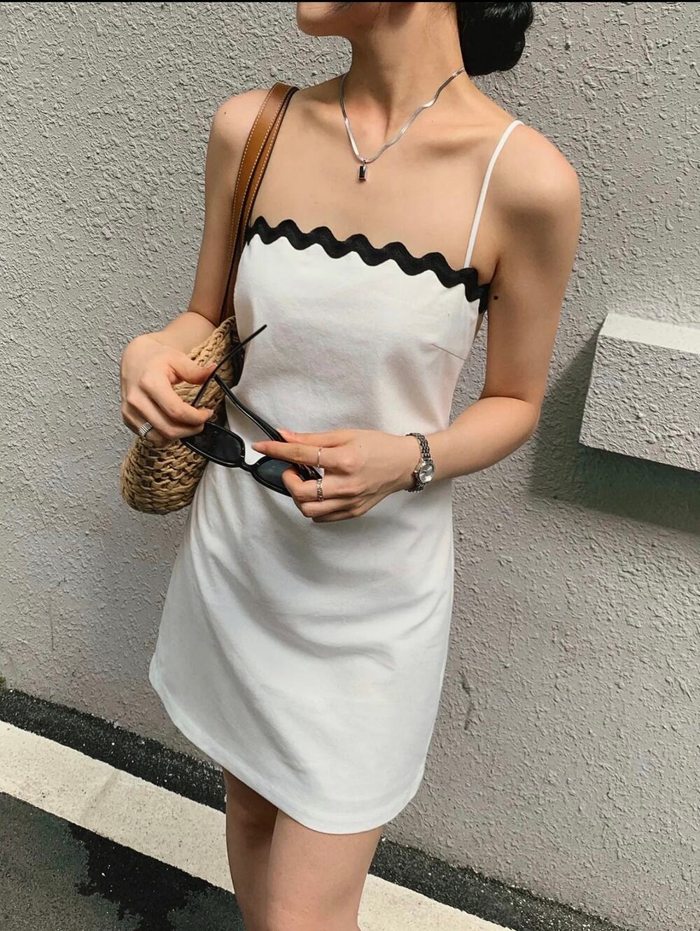 Commense Linen Cotton Minimalist Casual White Black Trim Dress Large
